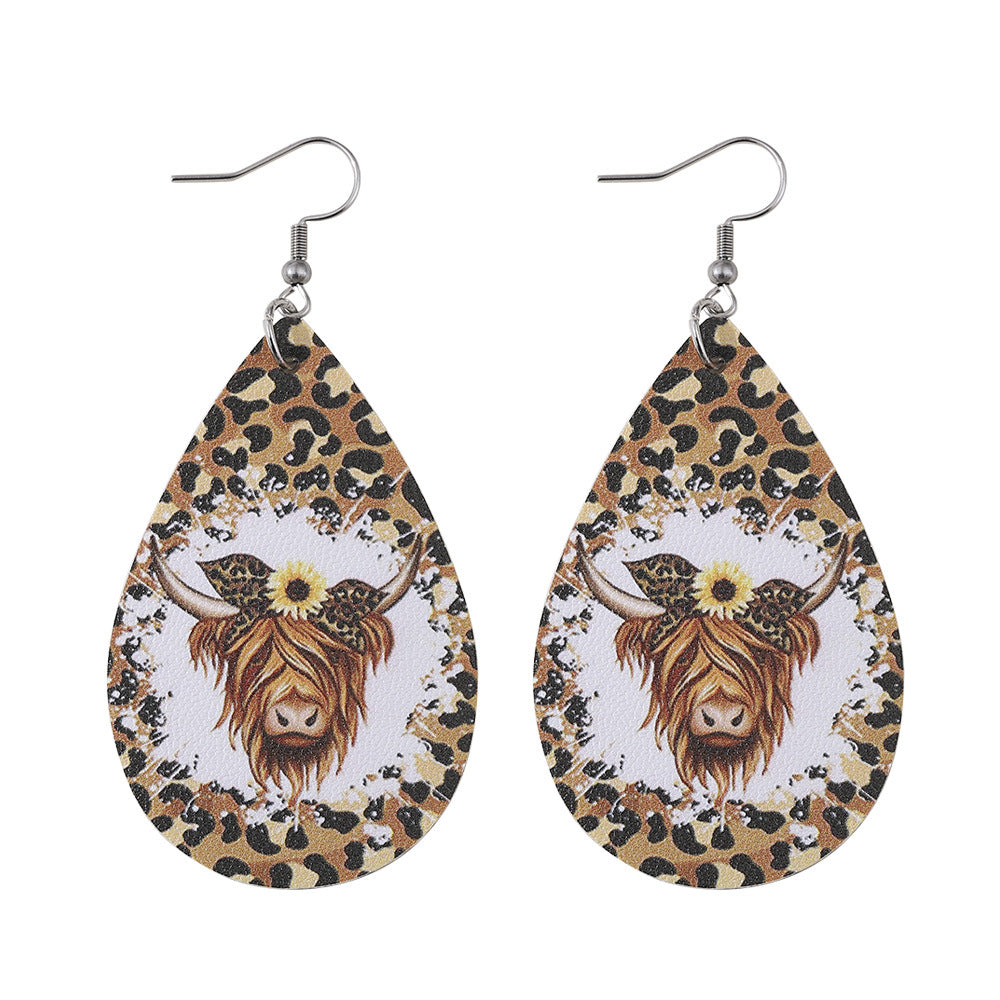 Wholesale Western cowboy double-sided PU leather water drop leopard print earrings